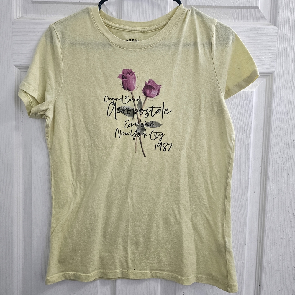 Aeropostale Light Yellow Tee with Purple Floral Design